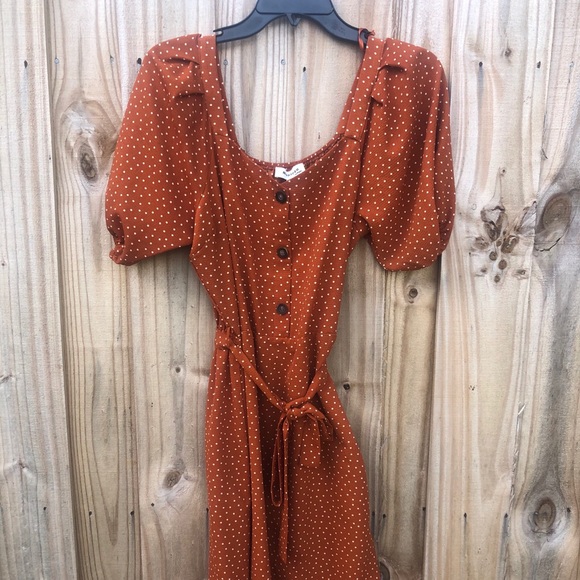 rust and white polka dot dress